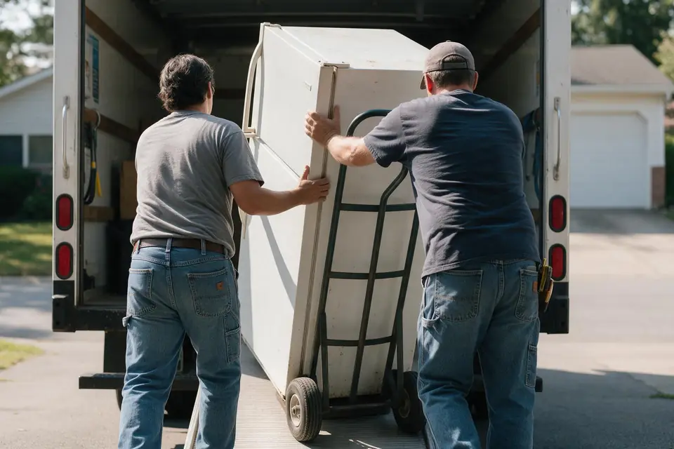 An old refrigerator being wheeled up a ramp into a truck