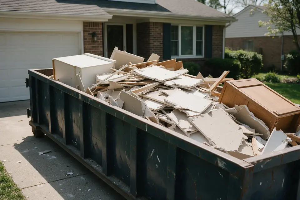A dumpster filled with drywall scraps and old cabinets