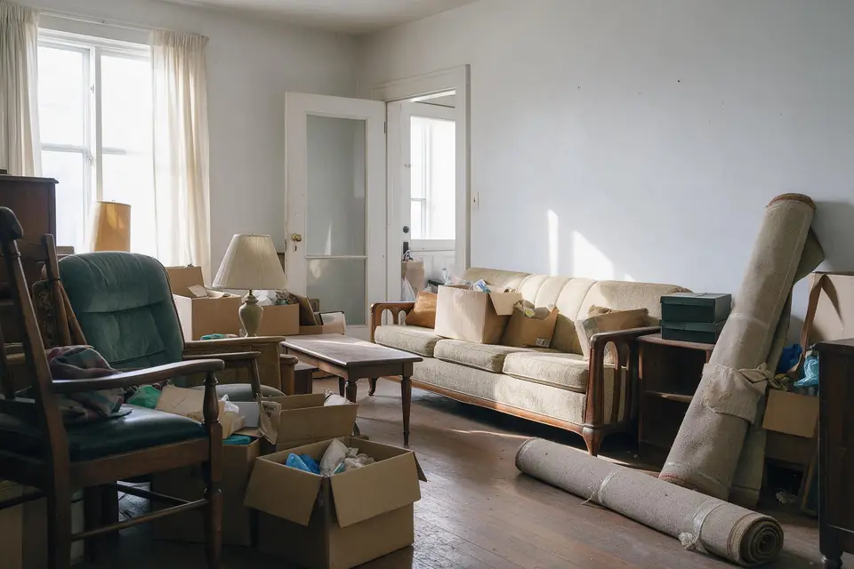 A room full of old furniture and boxes waiting to be hauled away